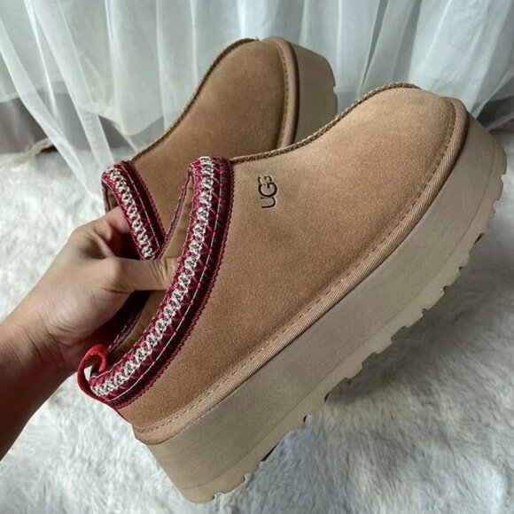 UGG Brown Suede Slippers with Red Accents - Picture 2 of 7